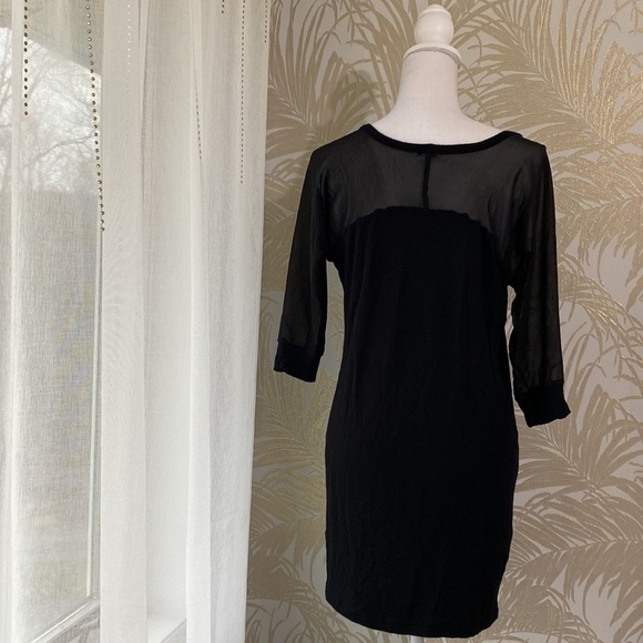 Splendid Womens Black Mesh Knit Shift Dress Modal 7/8 Sleeve Sheer Panel Size SP - Picture 4 of 9
